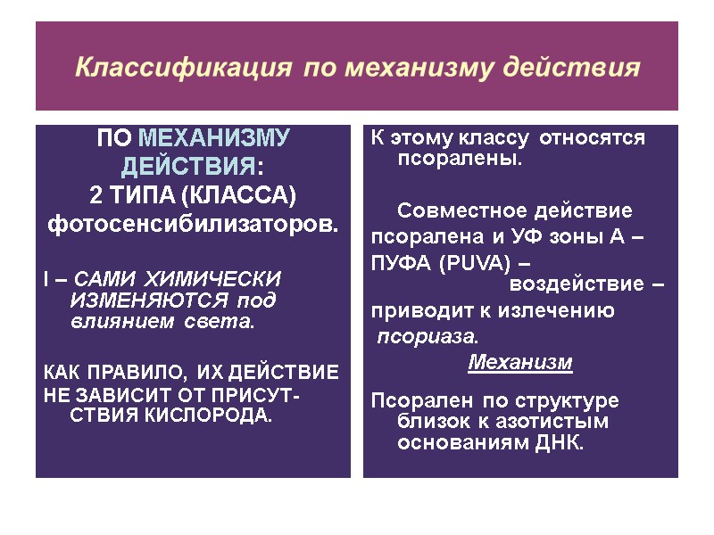 Классификация по механизму действия ПО МЕХАНИЗМУ ДЕЙСТВИЯ: 2 ТИПА (КЛАССА) фотосенсибилизаторов.  I –